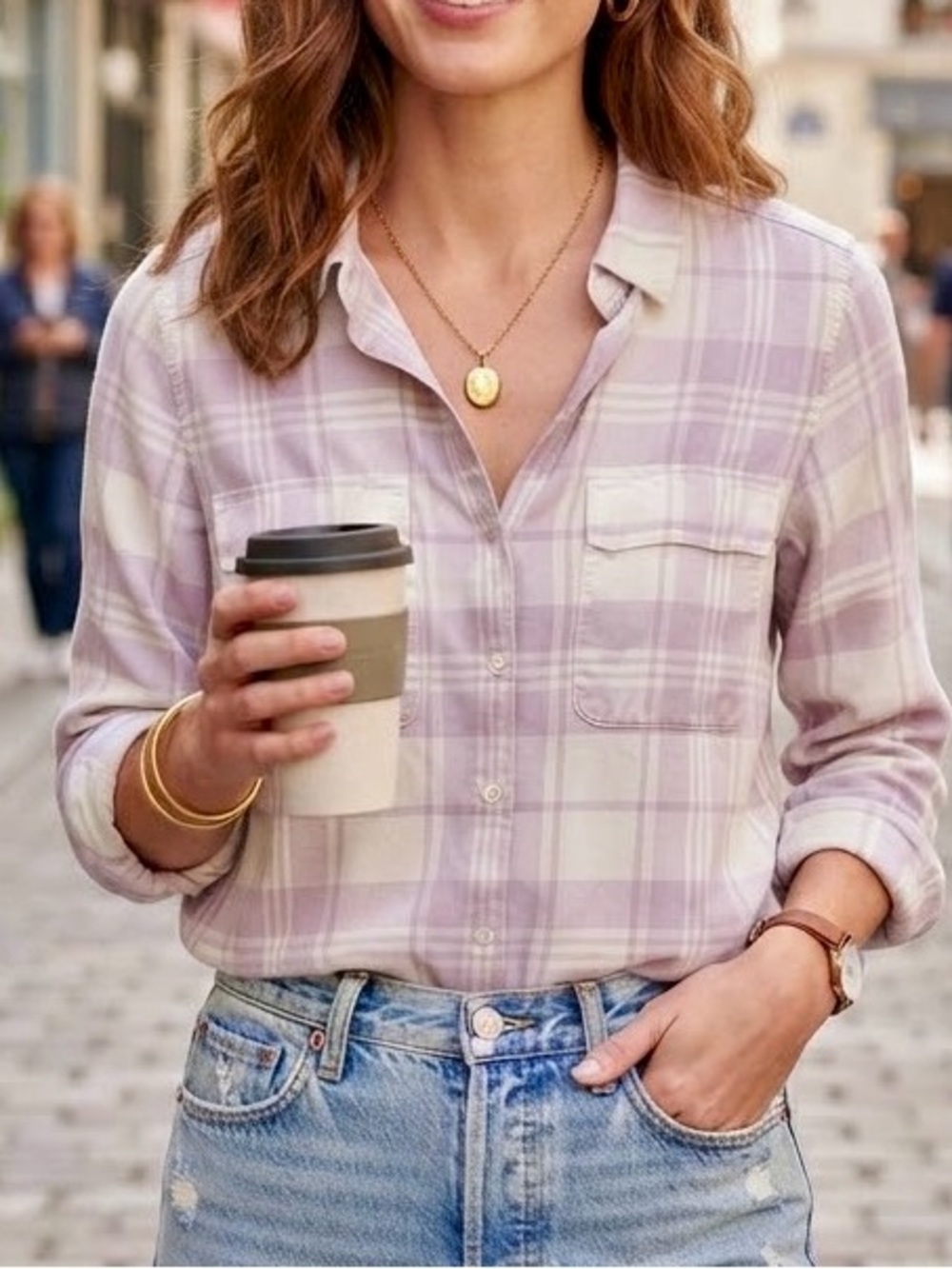 Babaton Light Pink Plaid Button-Down Shirt